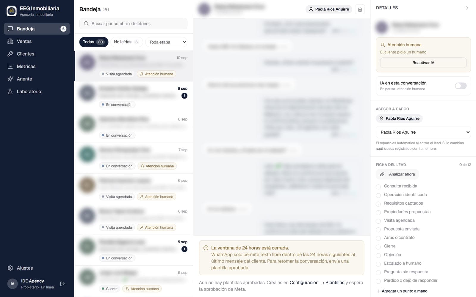 Bandeja de mensajes del CRM de WhatsApp con agente de IA, sistema a medida desarrollado por IDE Agency