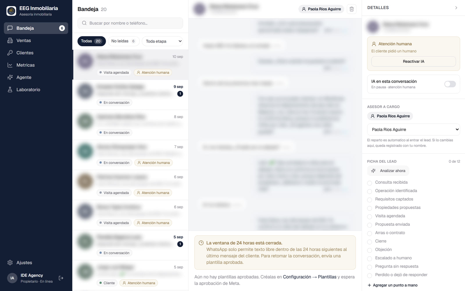 Bandeja de mensajes del CRM de WhatsApp con agente de IA, sistema a medida desarrollado por IDE Agency